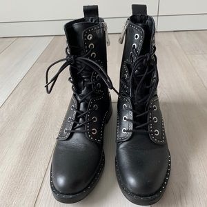 Zara Studded Lace Up Black Leather Combat Boots